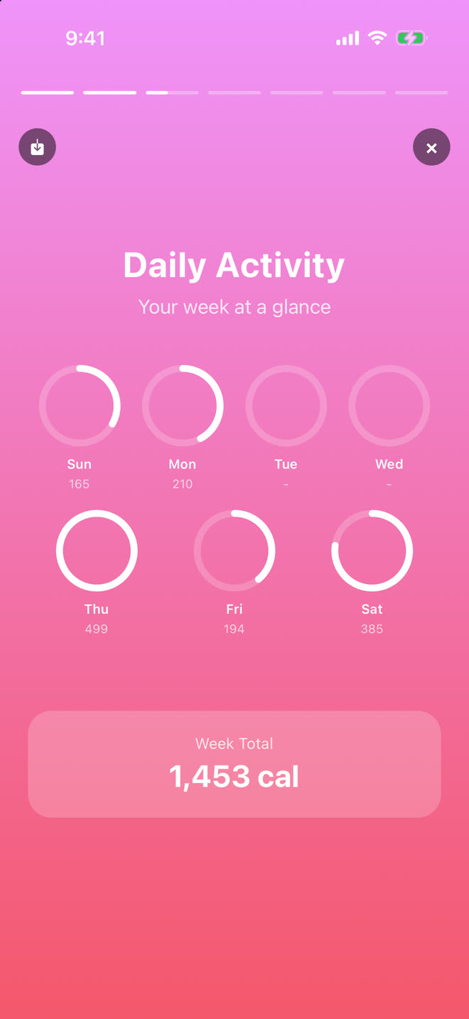 FitSay weekly story, Daily Activity: a ring for each day of the week and a week total of 1,453 calories.